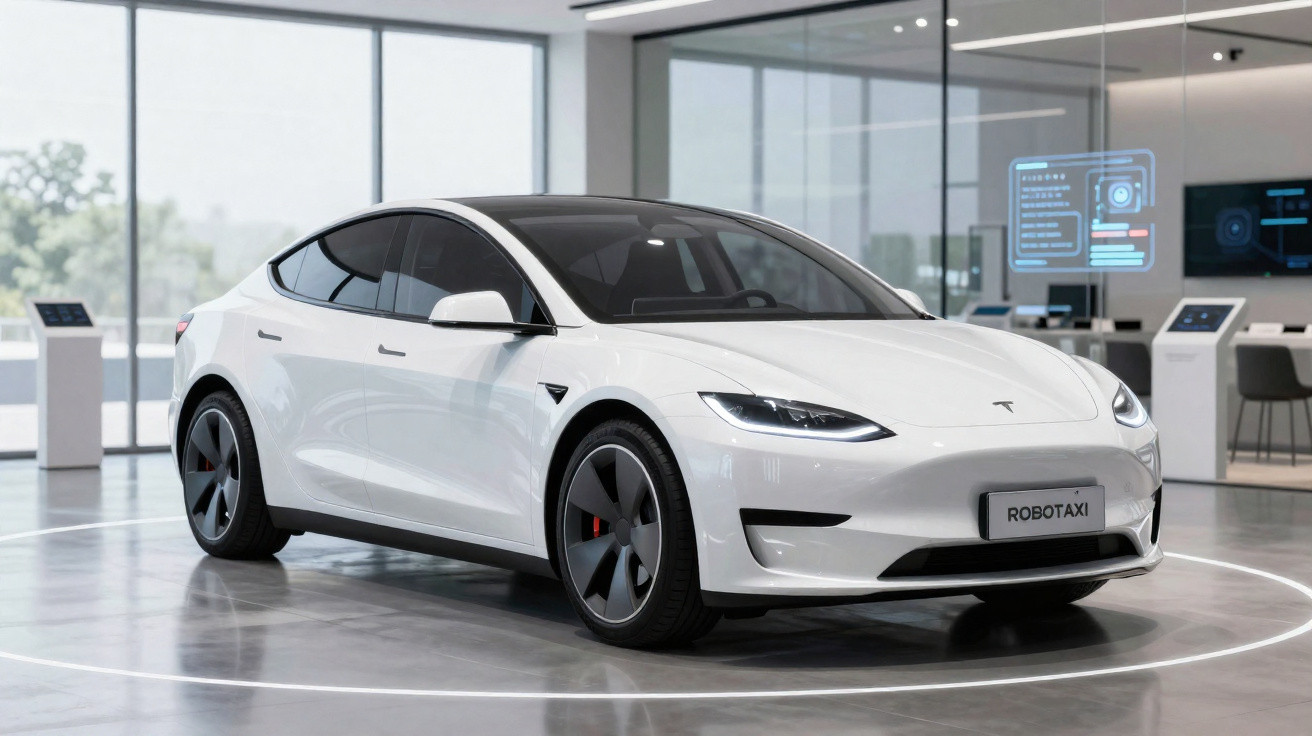 Carro elétrico branco Tesla Model S em exposição moderna, com placa "Robotaxi".