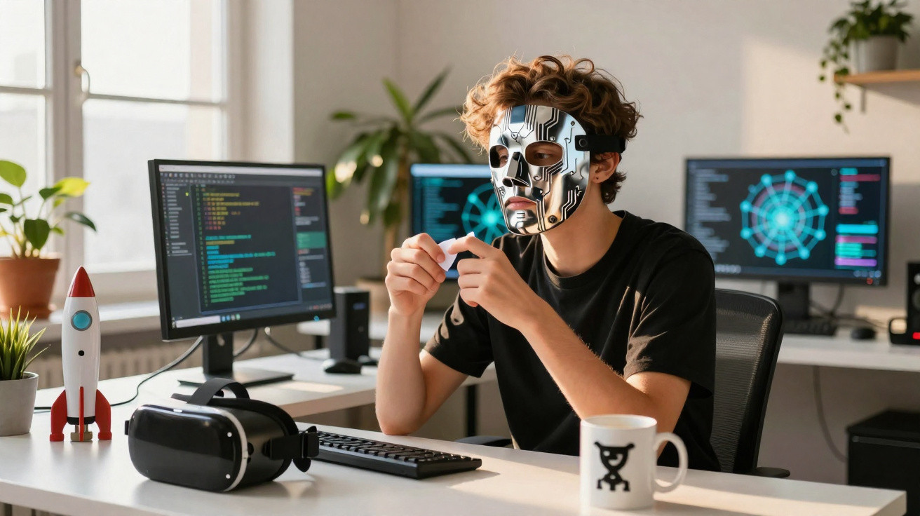 Jovem com máscara tecnológica sentado em mesa com computador, copo e óculos de realidade virtual.