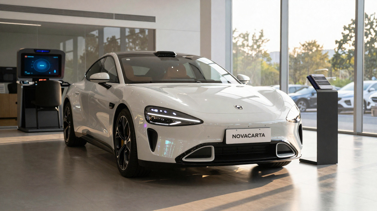 Carro elétrico branco modelo Novacarta exposto em showroom moderno com janelas amplas.