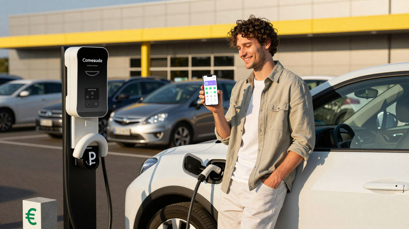 Homem sorridente usando smartphone ao lado de carro elétrico carregando em estação pública em estacionamento.