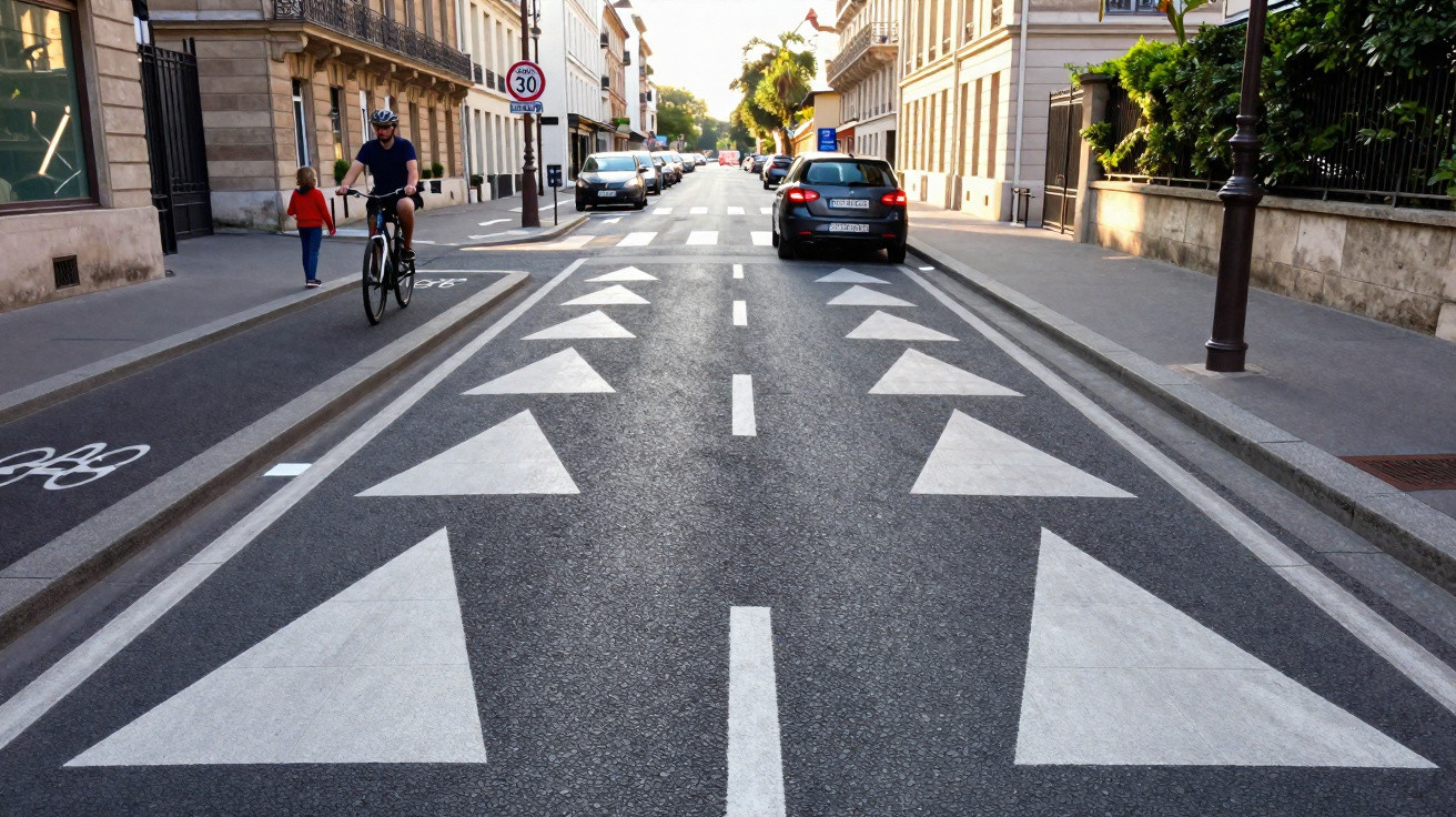 Rua urbana com seta de trânsito branca, ciclista e pedestre na ciclovia ao lado dos carros parados.
