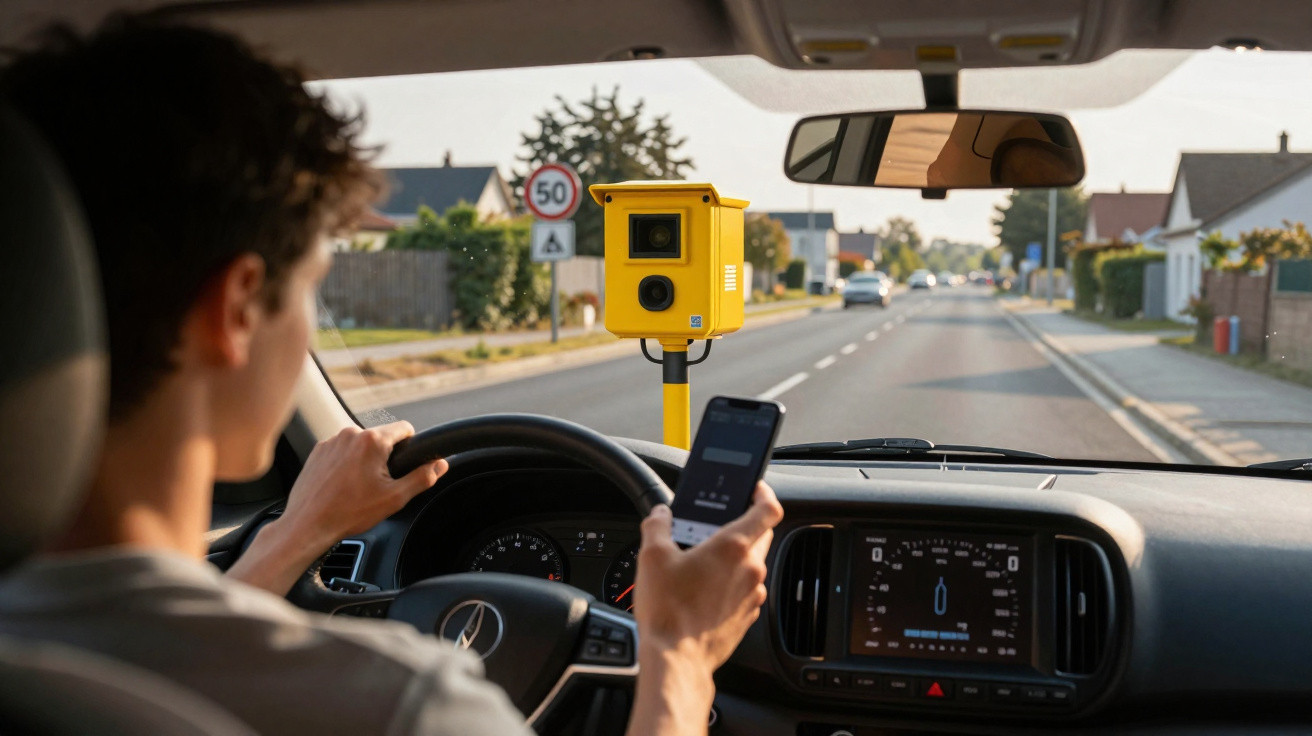 Motorista de carro usando celular ao volante próximo a radar de velocidade amarelo em área urbana.