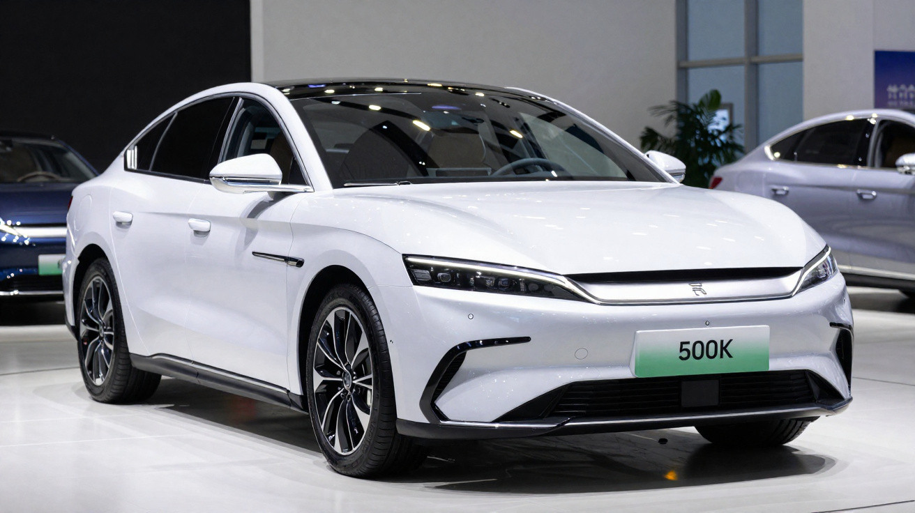Carro elétrico branco modelo 500K exibido em salão de automóveis, com design moderno e aerodinâmico.