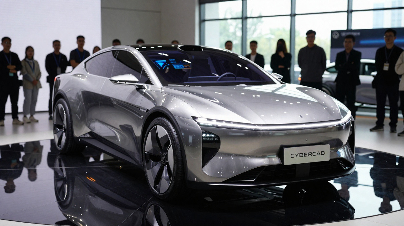Carro elétrico prata futurista Cybercab exposto em salão com pessoas ao fundo.