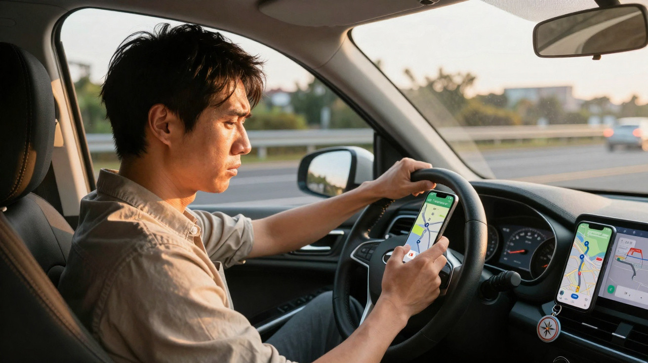 Homem dirigindo e usando smartphone com aplicativo de navegação em carro em movimento.