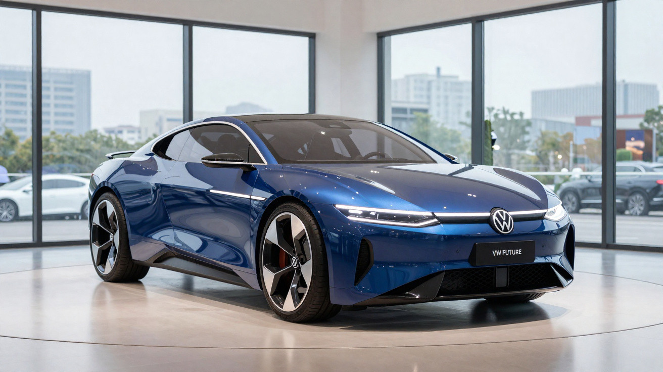 Carro elétrico esportivo azul Volkswagen VW Future em exibição dentro de showroom com grandes janelas.