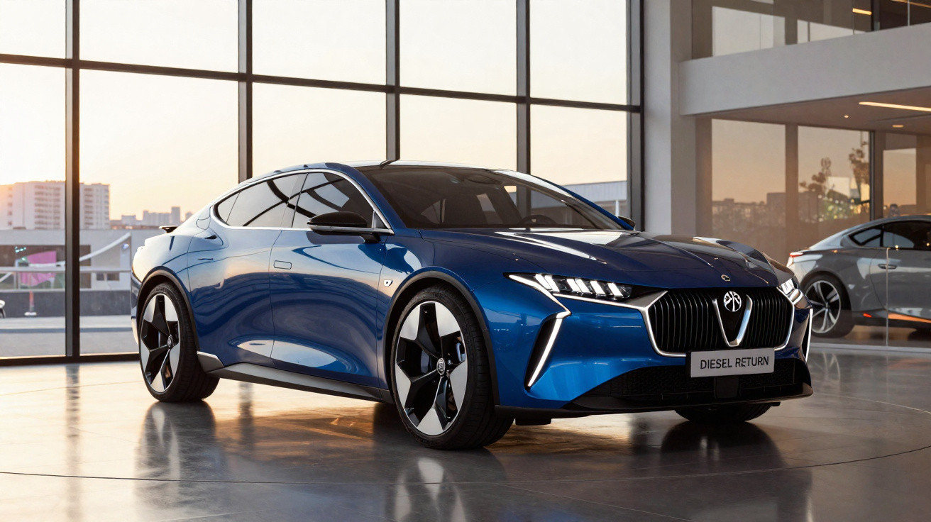 Carro elétrico azul elegante em showroom moderno com grandes janelas de vidro ao fundo.