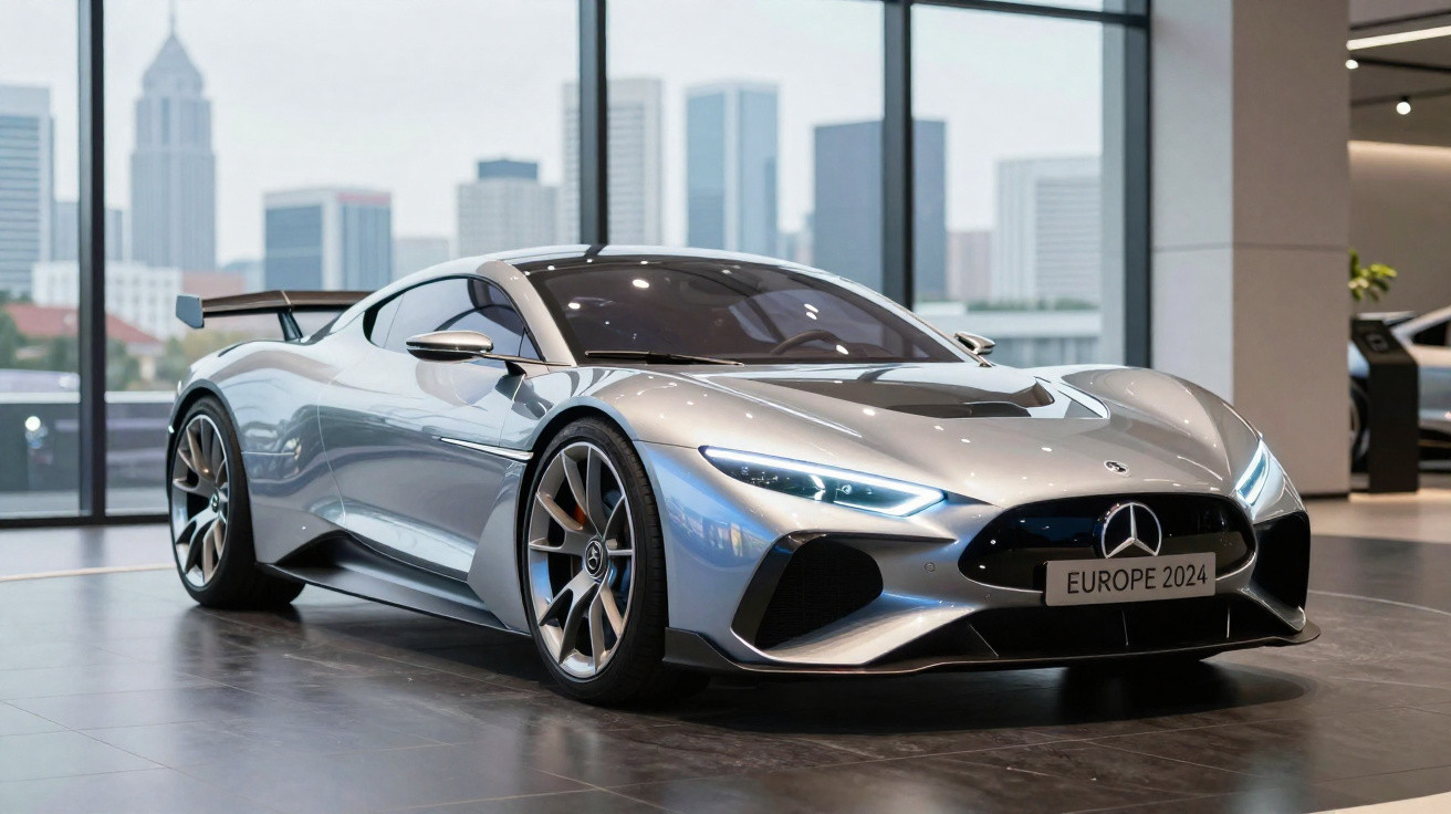 Carro esportivo prata Mercedes-Benz em showroom com janelas grandes e vista de prédios ao fundo.