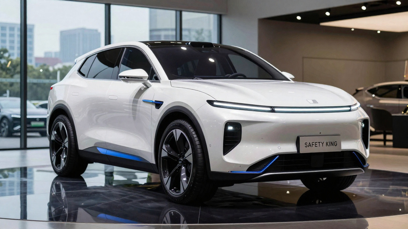 Carro elétrico branco com design moderno exibido em showroom com detalhes azuis e teto preto.