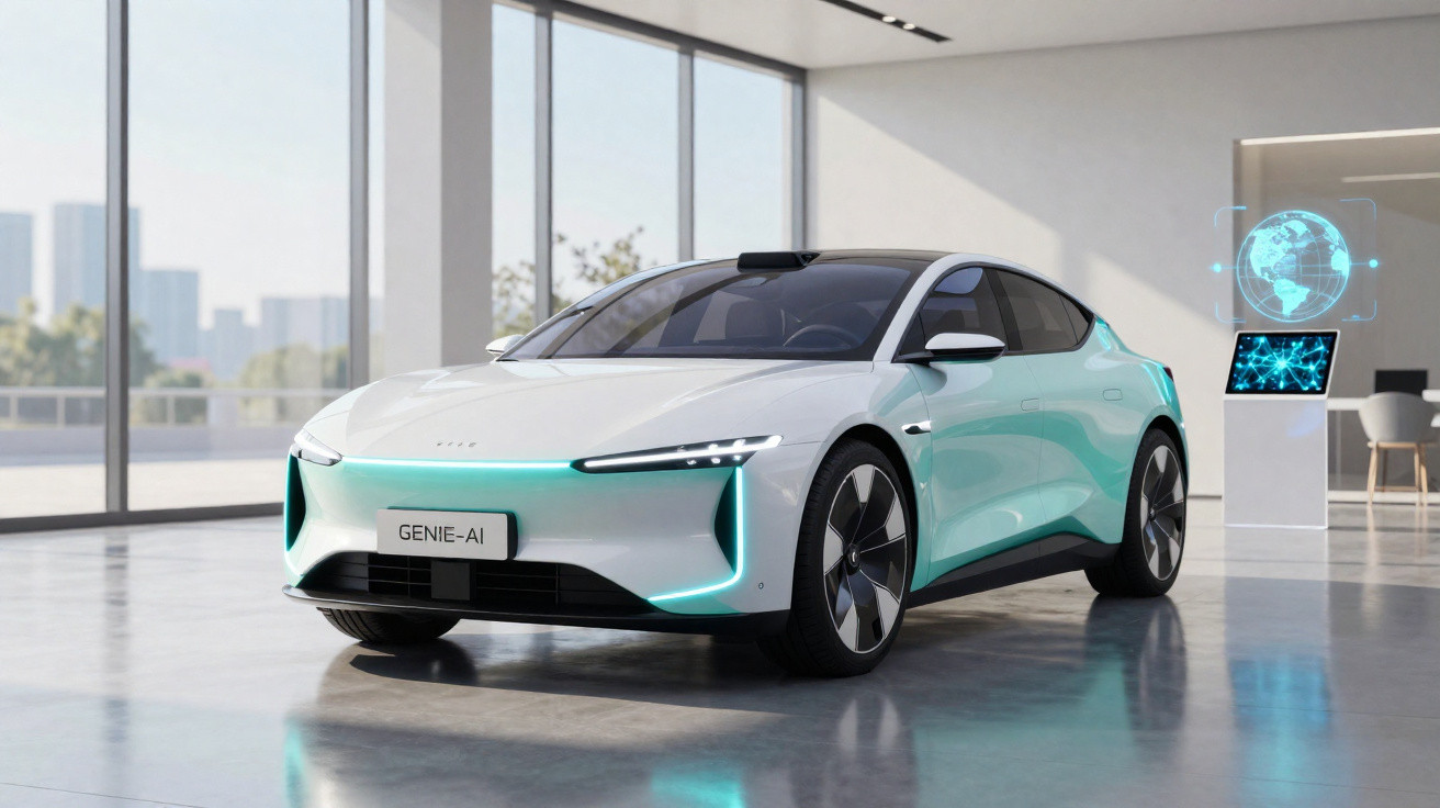 Carro elétrico branco futurista GENIE-AI em ambiente moderno com janela ampla e holograma digital ao lado.