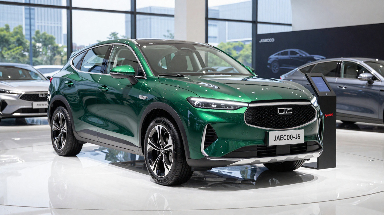 Carro SUV verde metálico em exposição em salão automotivo com grandes janelas ao fundo.