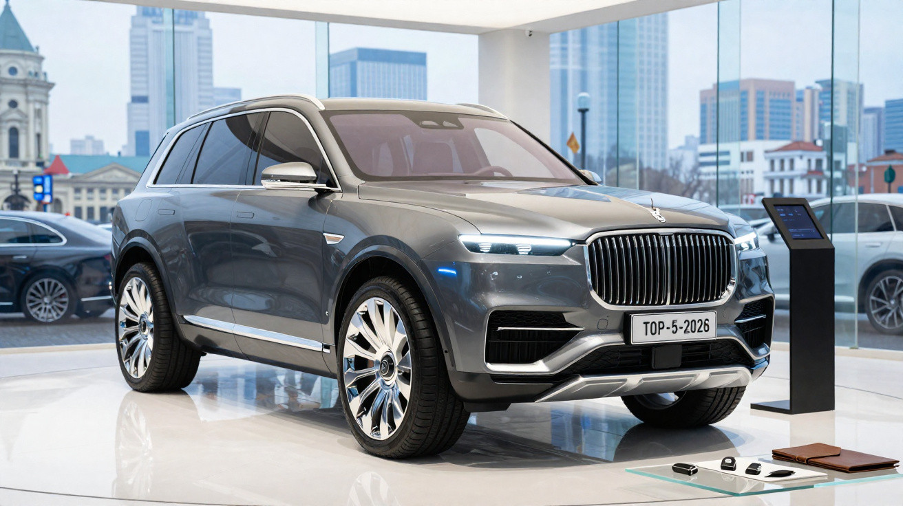 SUV de luxo cinza exibido em showroom moderno com paredes de vidro e vista urbana ao fundo.