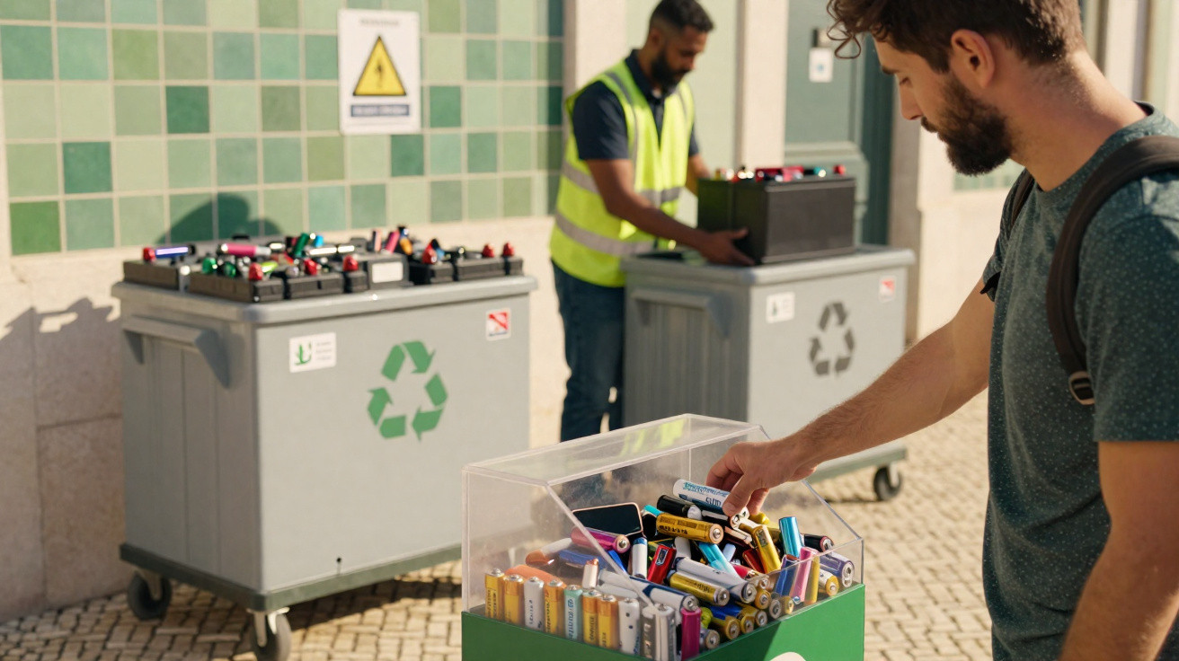 Homem descartando pilhas em coletor de reciclagem com outro homem organizando pilhas em contêineres grandes.