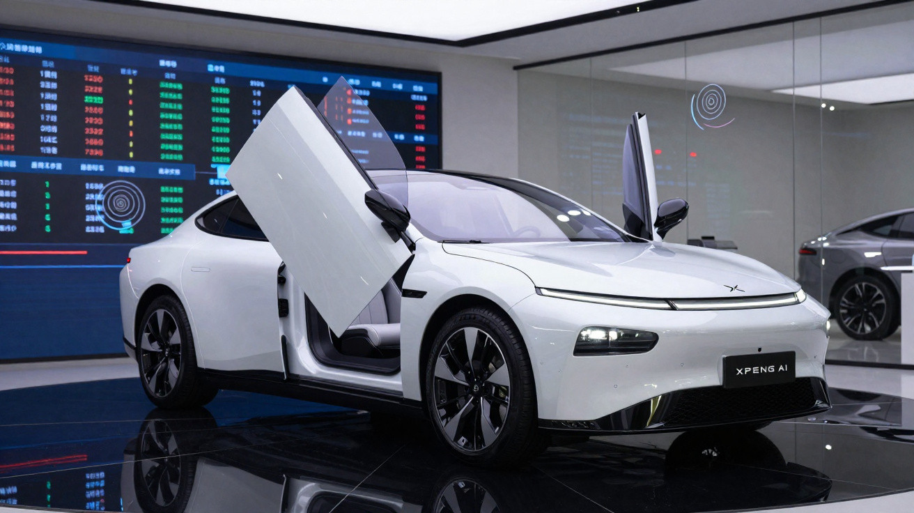 Carro elétrico branco com portas abertas estilo asas de gaivota em showroom moderno com painel digital ao fundo.