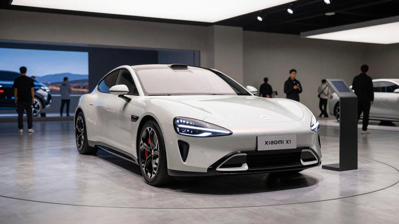 Carro esportivo elétrico branco Xiaomi X1 em exposição com pessoas ao fundo.