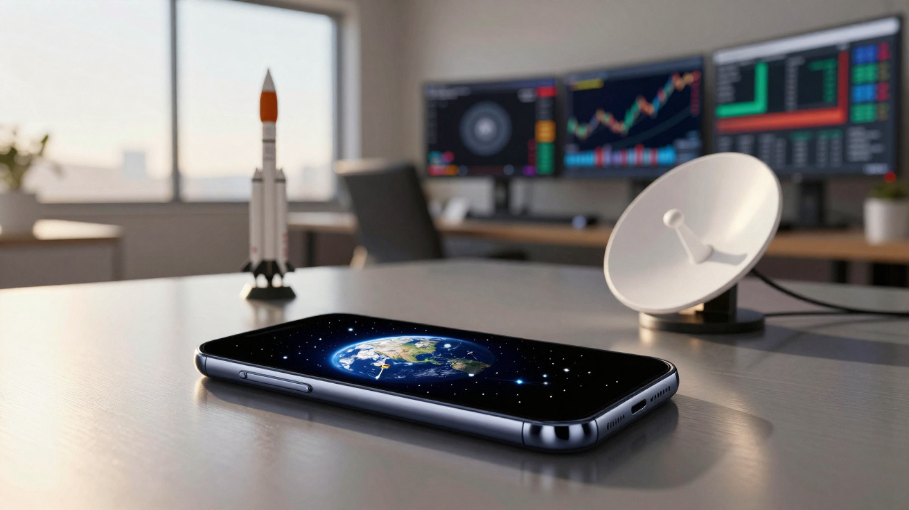 Smartphone com imagem da Terra, modelo de foguete, antena parabólica e monitores com gráficos em escritório moderno.