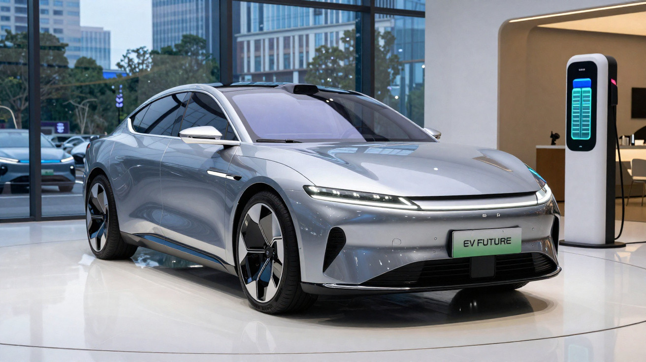 Carro elétrico prata futurista exibido em showroom moderno com estação de carregamento ao fundo.