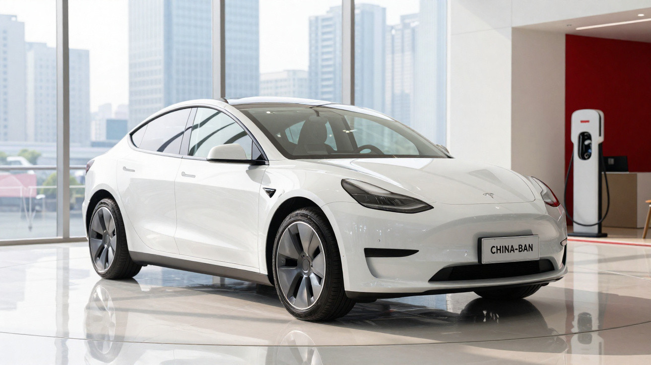 Carro elétrico branco Tesla Model 3 em exposição, com painel urbano ao fundo.