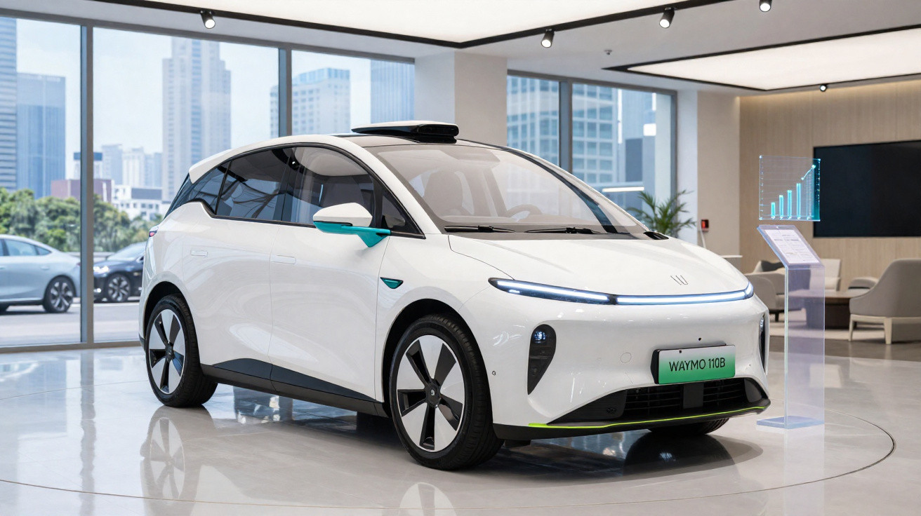 Carro elétrico branco Waymo 110B exposto em showroom moderno com janelas grandes e luz natural.