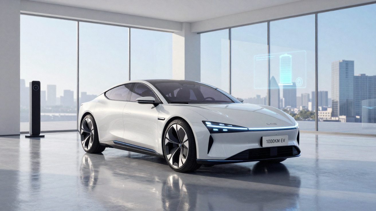 Carro elétrico branco moderno estacionado em garagem com grandes janelas e estação de recarga.