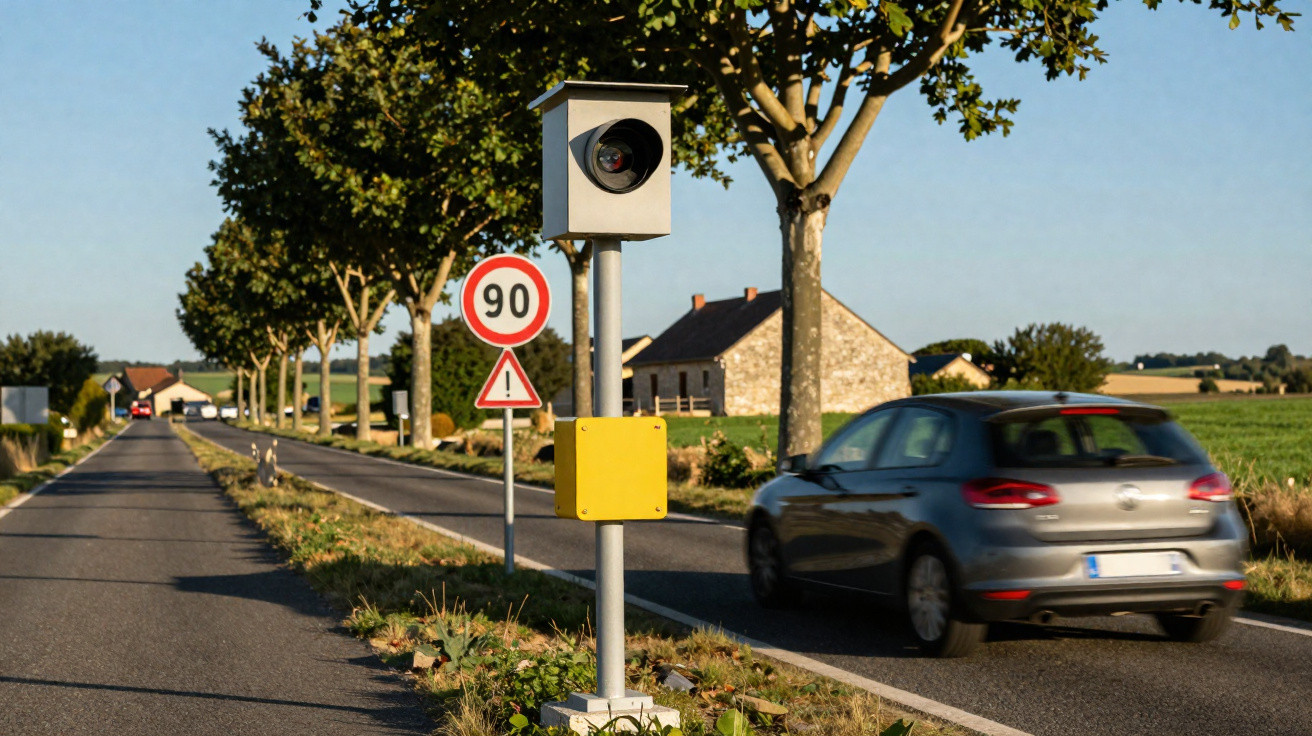 Radar de velocidade instalado em estrada rural com carro cinza passando e limite de 90 km/h.