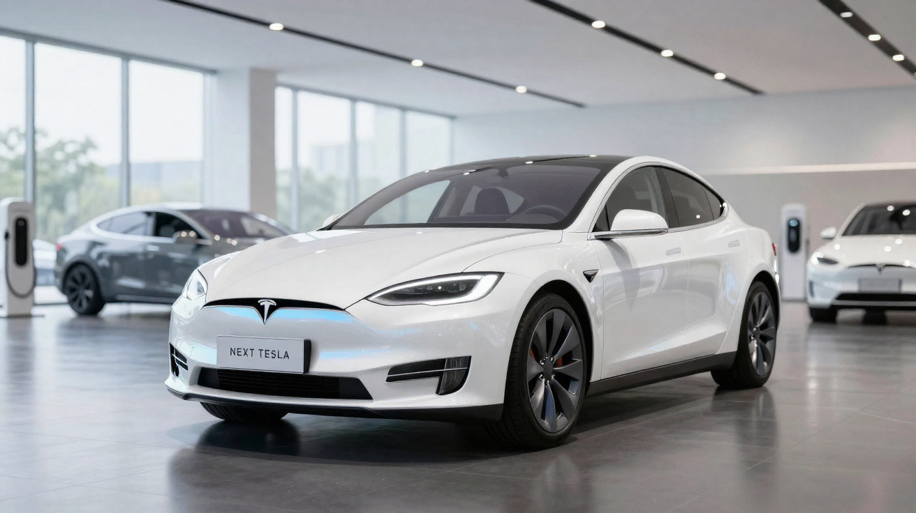 Carro elétrico Tesla branco em exposição dentro de showroom moderno com outros veículos e estações de carregamento.