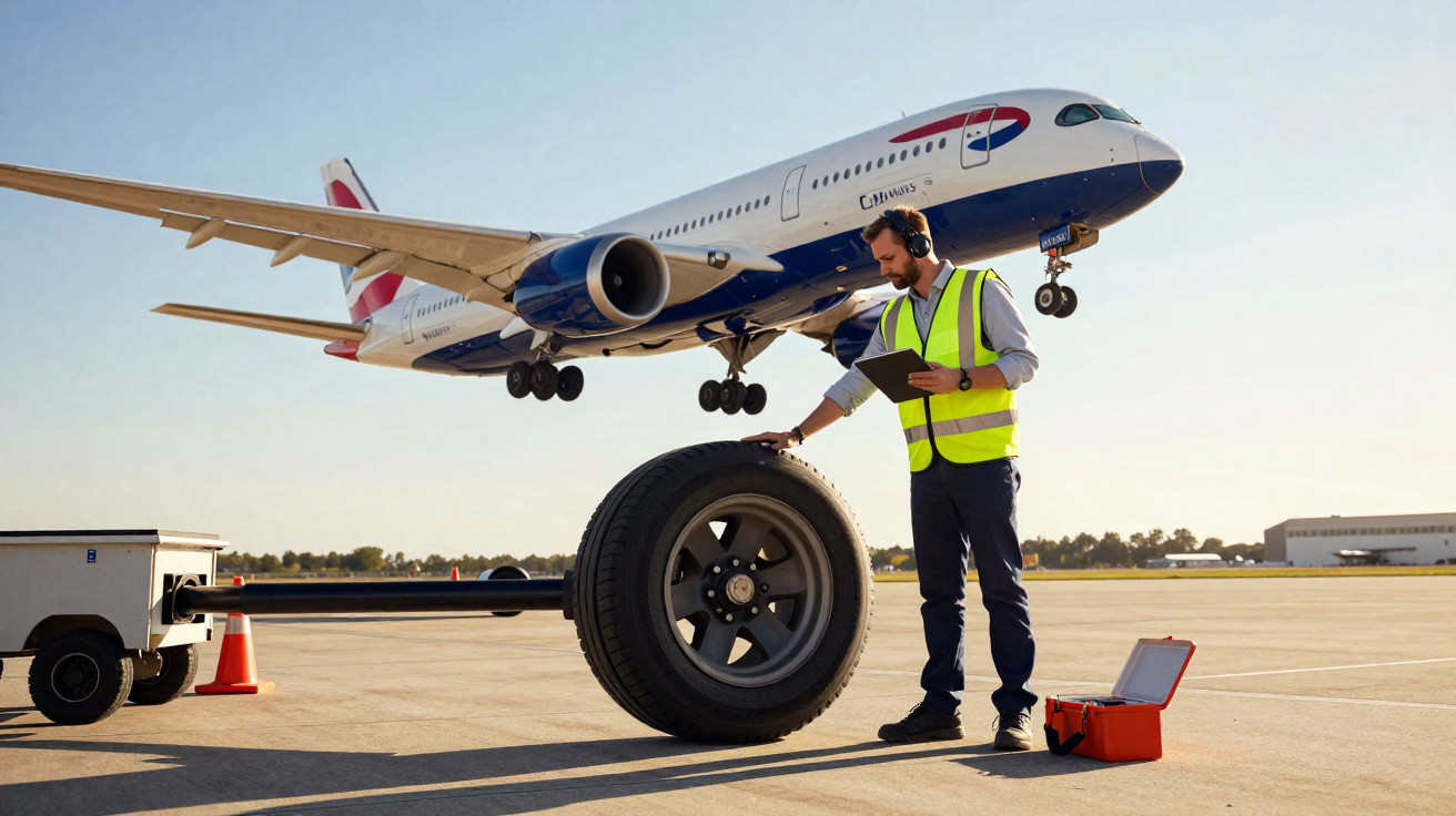 Técnico com colete refletivo inspeciona pneu no aeroporto com avião pousando ao fundo.
