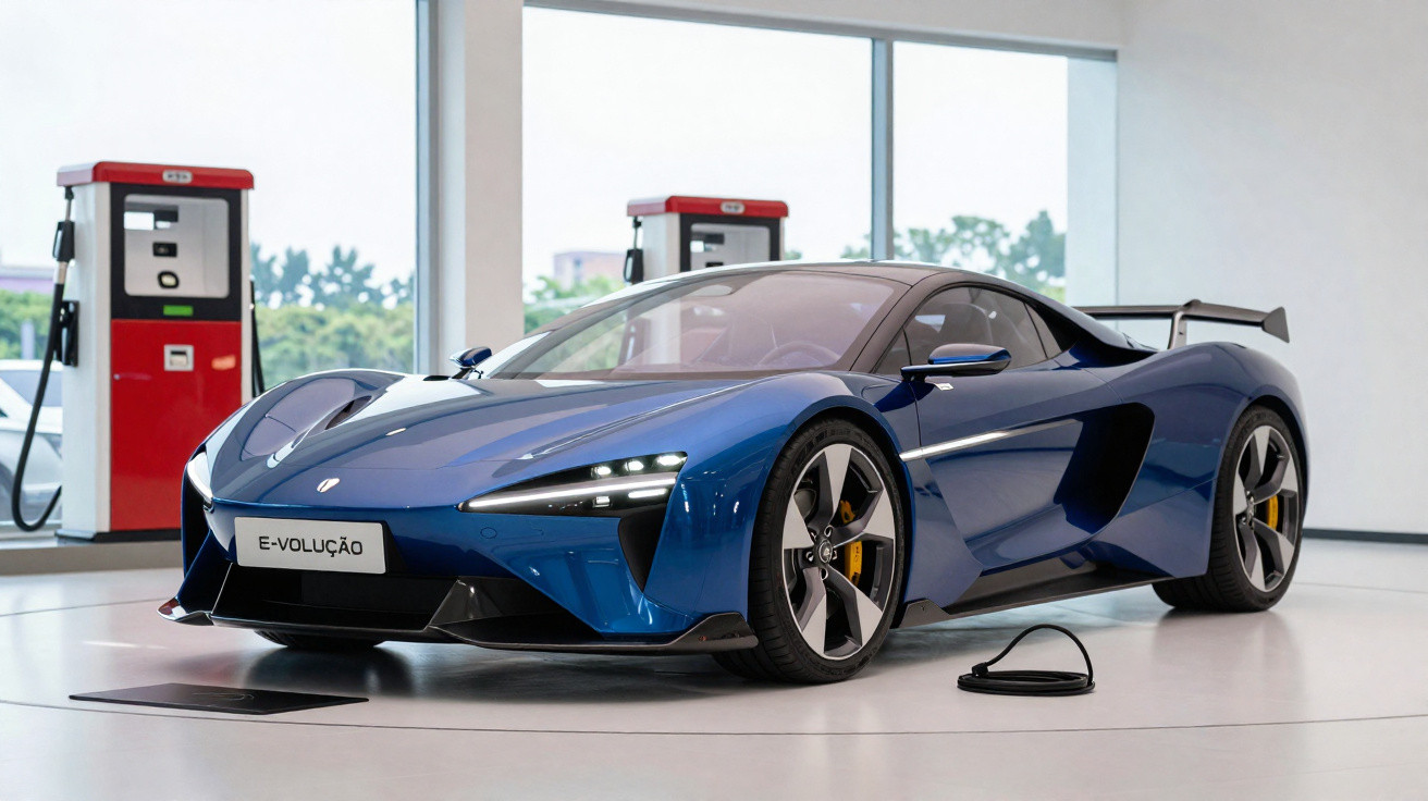 Carro esportivo elétrico azul carregando em estação dentro de showroom com duas bombas vermelhas ao fundo.