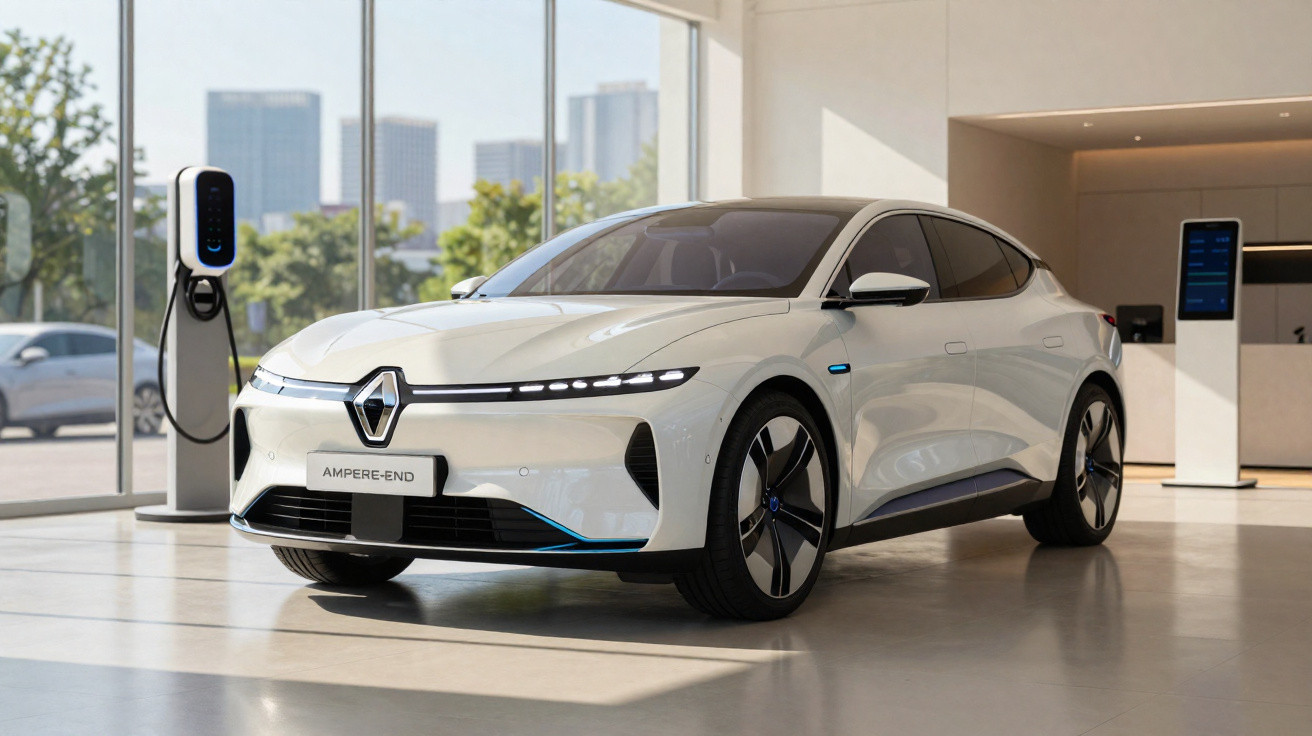 Carro elétrico branco da Renault modelo Ampere-End em showroom moderno com estação de recarga ao fundo.