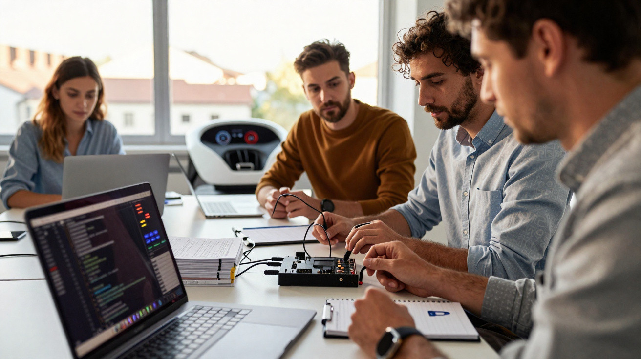 Quatro jovens trabalham juntos em um projeto eletrônico com laptops e equipamentos em mesa de escritório.