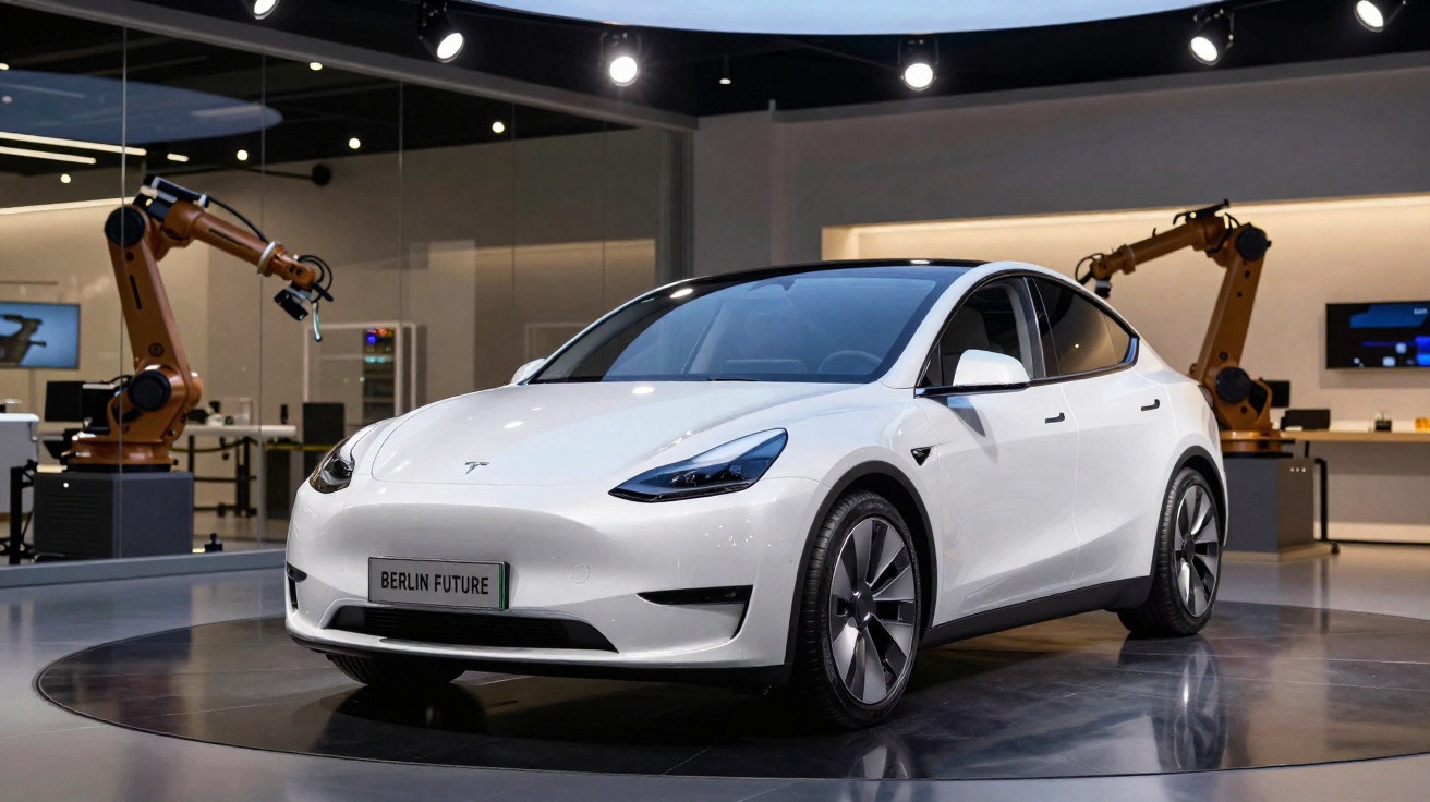 Carro elétrico branco Tesla Model Y em showroom com braços robóticos ao fundo.