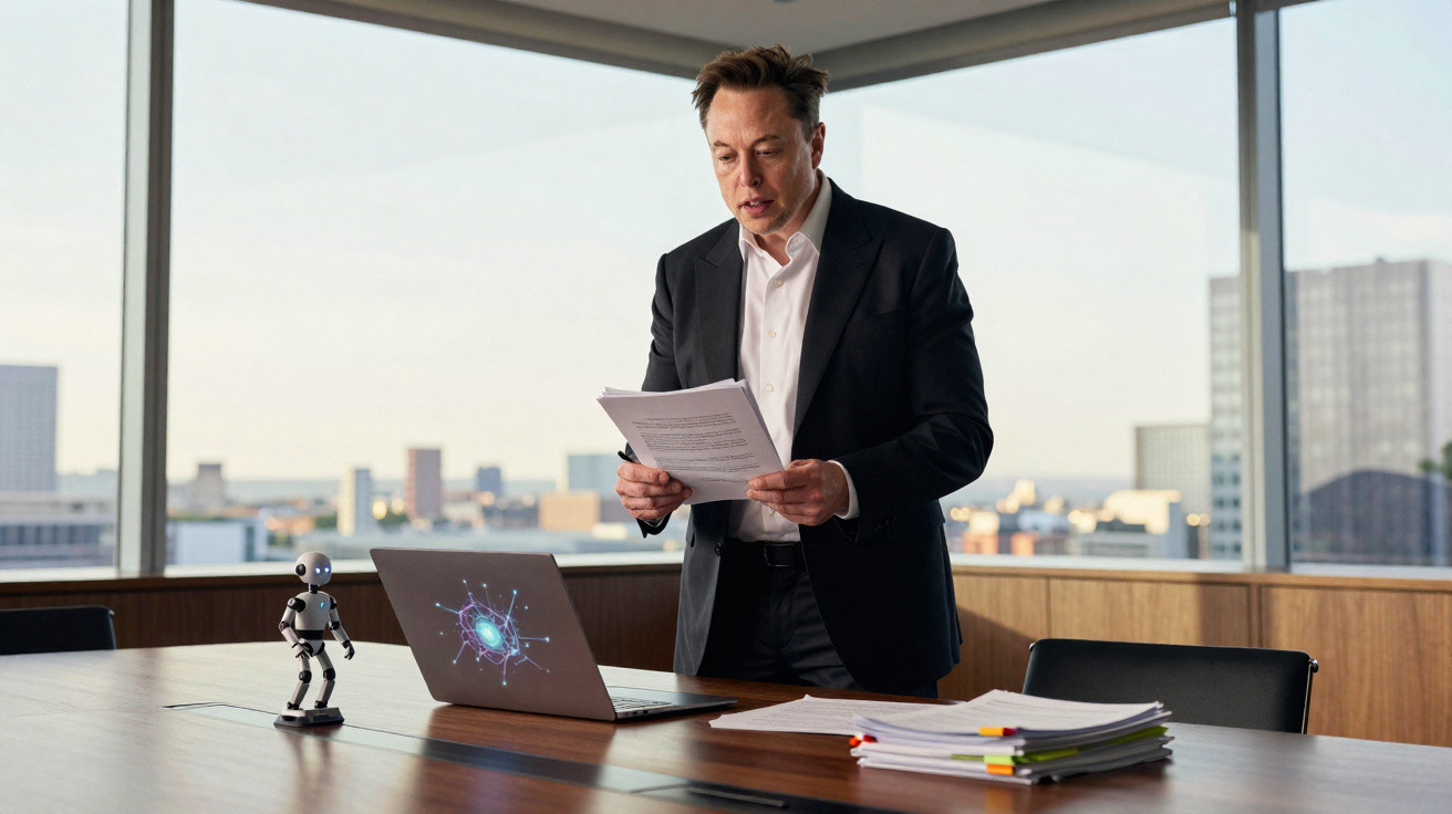 Homem de terno revisa documentos em escritório moderno com vista para a cidade e laptop na mesa de madeira.