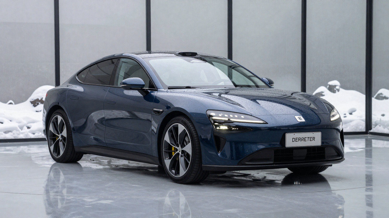 Carro elétrico esportivo azul escuro estacionado em ambiente interno com piso refletivo e neve ao fundo.