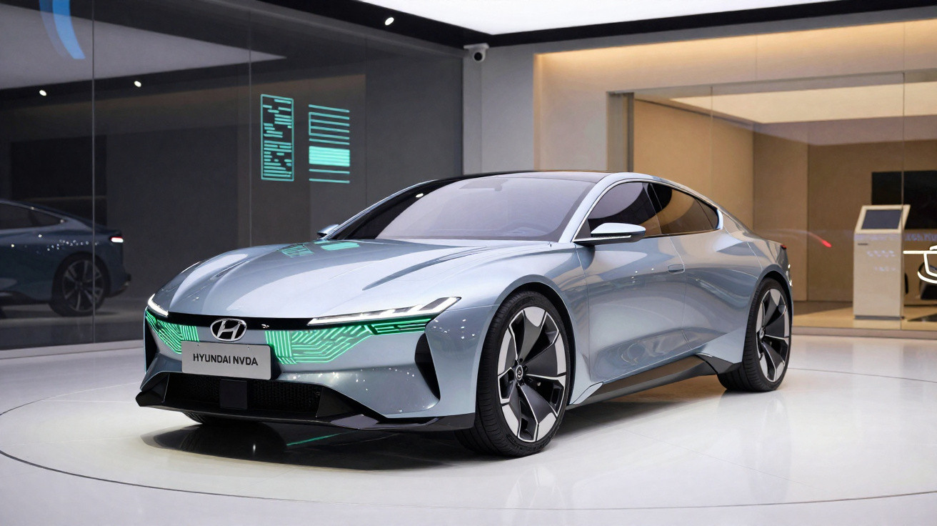 Carro elétrico Hyundai Nvda prata com design futurista exposto em ambiente interno moderno.