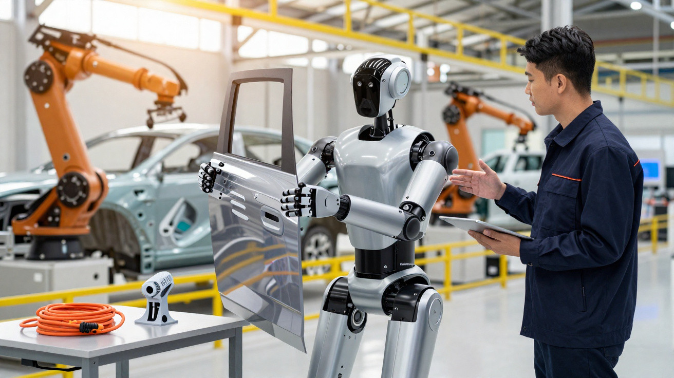 Robô segurando porta de carro enquanto homem com tablet orienta em fábrica automotiva moderna.