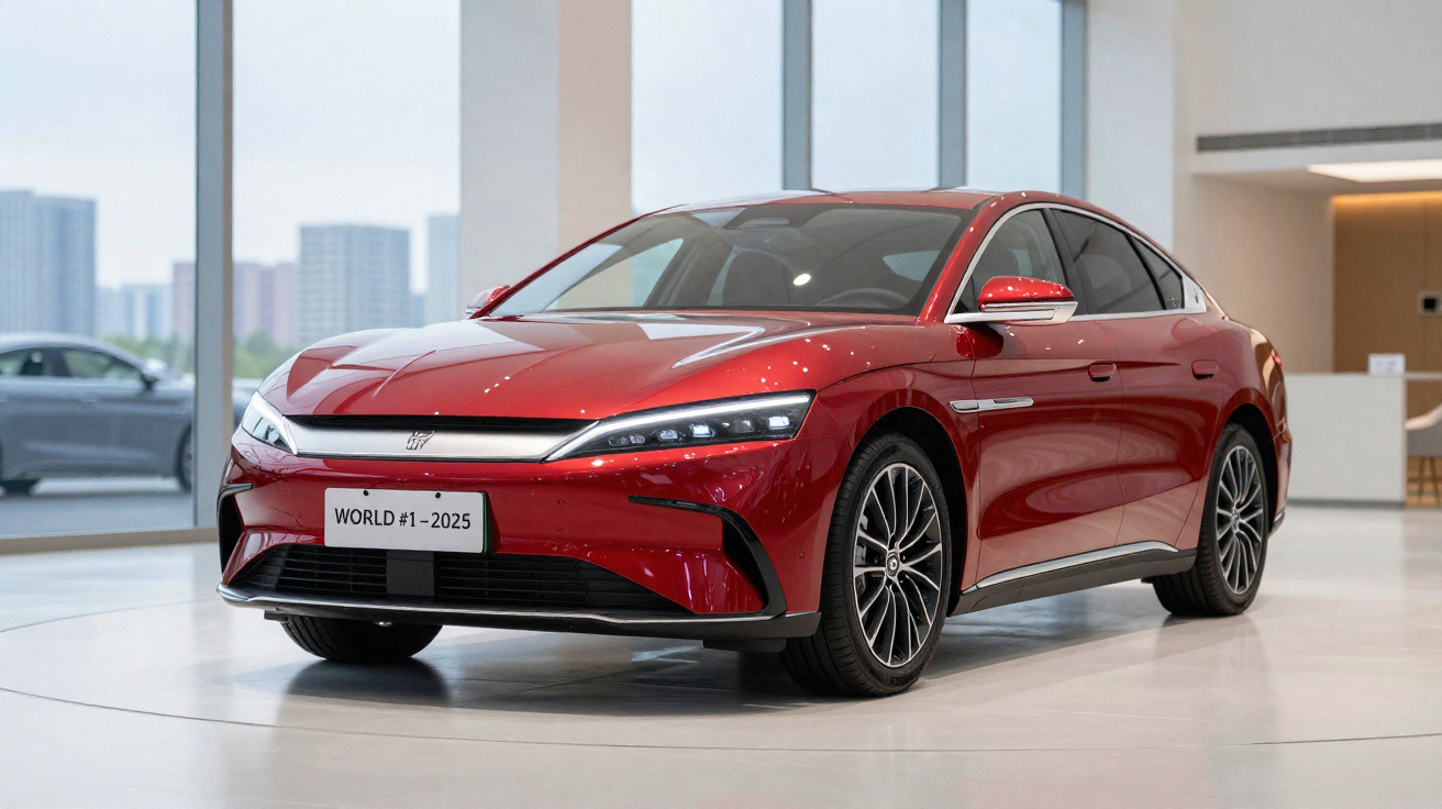 Carro elétrico vermelho modelo sedã exibido em showroom moderno com vidros grandes ao fundo.
