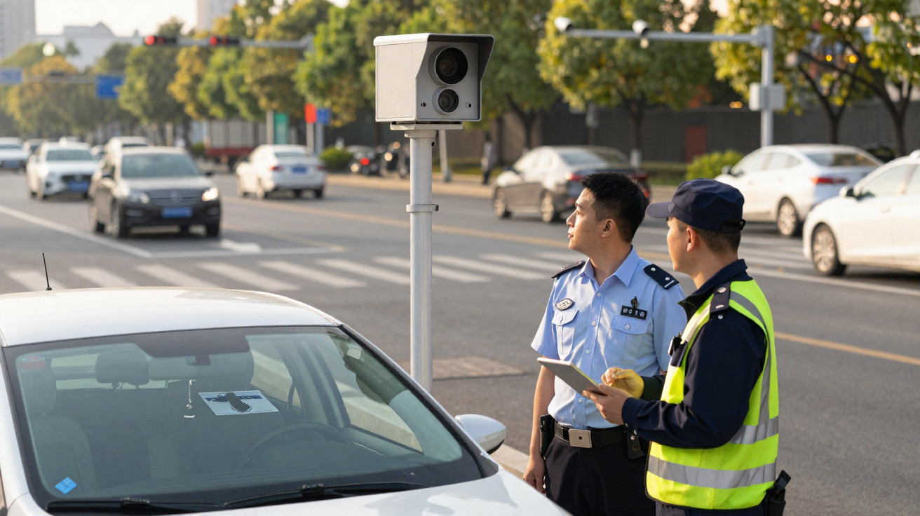 Dois policiais, um com colete refletivo, inspecionam um carro branco próximo a uma câmera de fiscalização na rua movimentada.