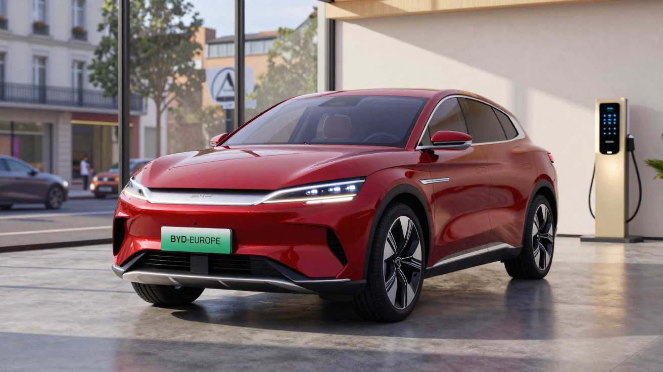 Carro elétrico vermelho estacionado em área urbana próxima a estação de recarga.