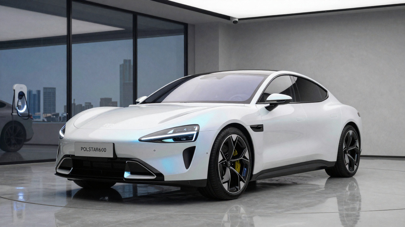 Carro elétrico branco Polestar 600 estacionado em ambiente interno moderno com detalhes em vidro.