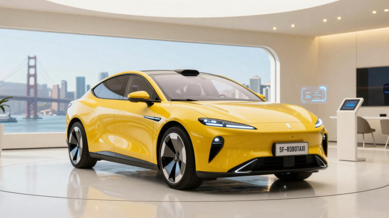 Carro elétrico amarelo autônomo modelo SF-Robotaxi em exposição com vista da ponte ao fundo.