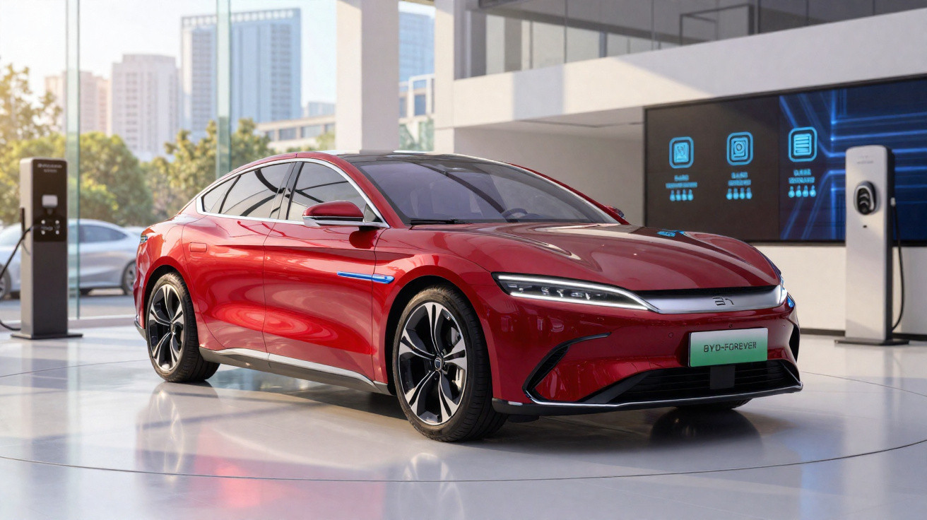 Carro elétrico esportivo vermelho estacionado em showroom moderno com estação de recarga ao fundo.