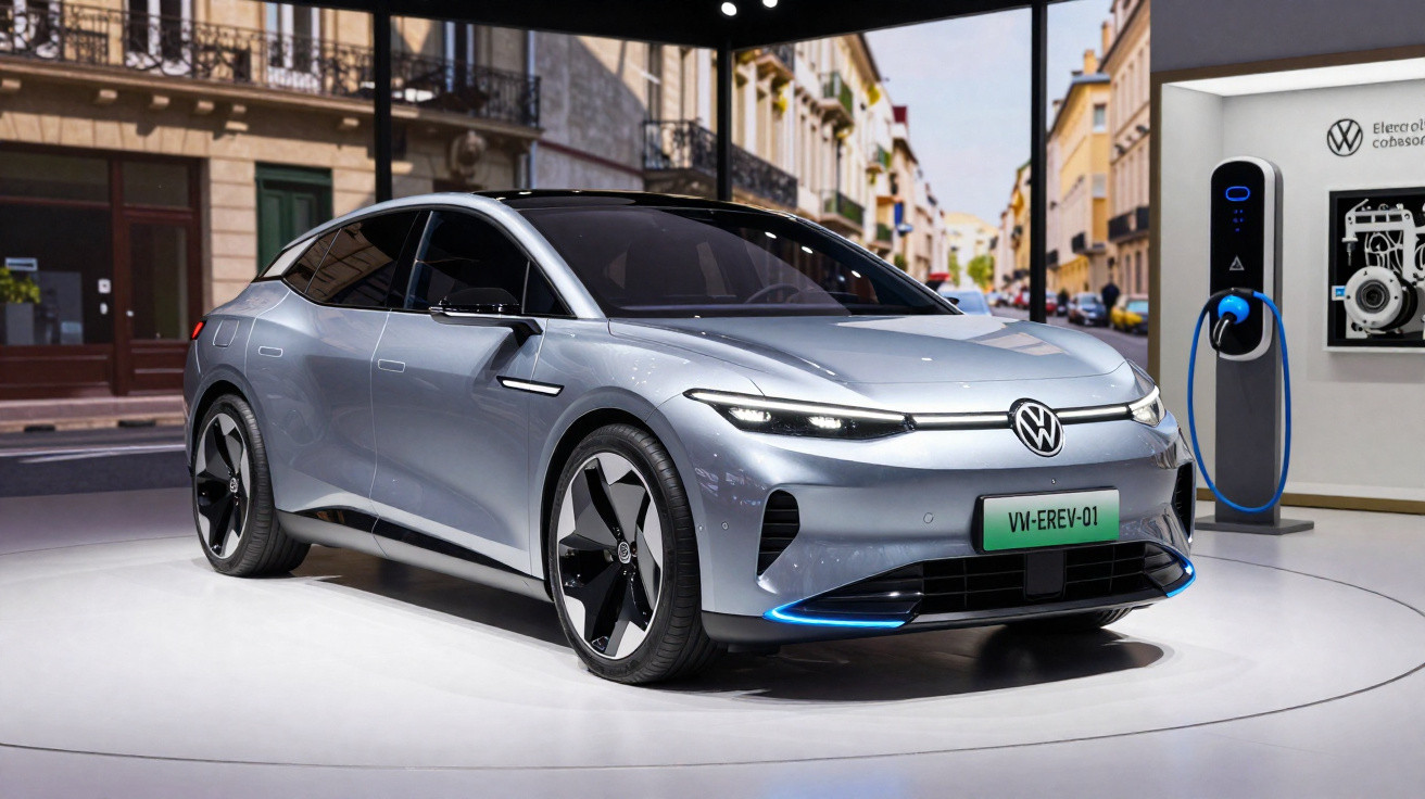Carro elétrico Volkswagen prata exposto em salão, com carregador elétrico ao fundo.