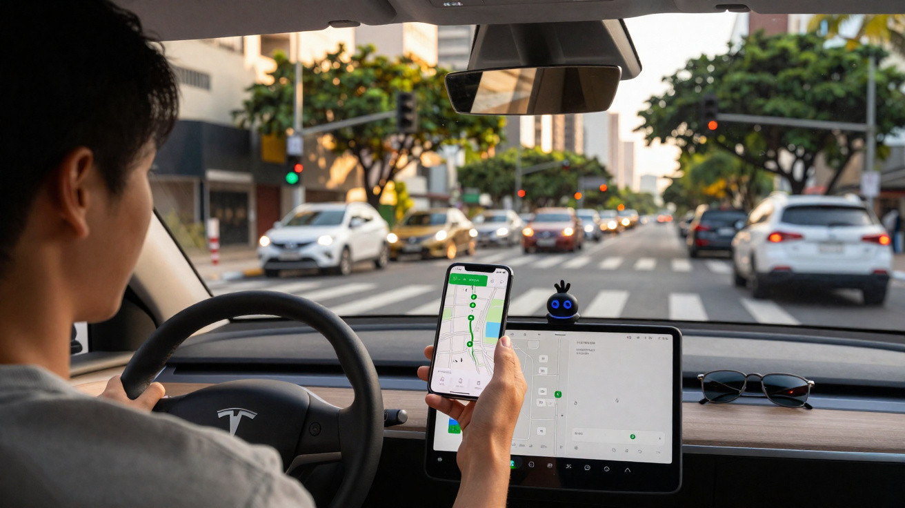 Pessoa dirigindo carro Tesla com GPS aberto no celular e painel digital à frente em rua movimentada.