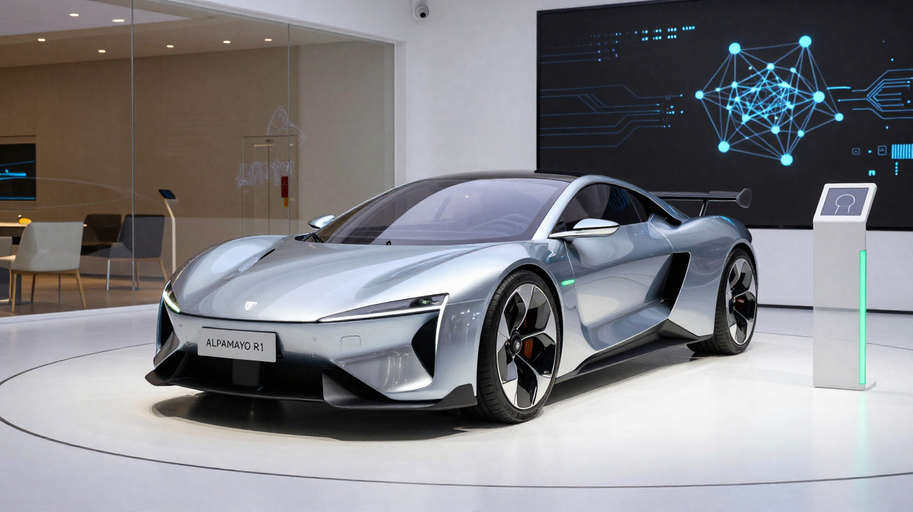 Carro esportivo elétrico Alpamayo R1 prata exibido em vitrine moderna com tela digital ao fundo.