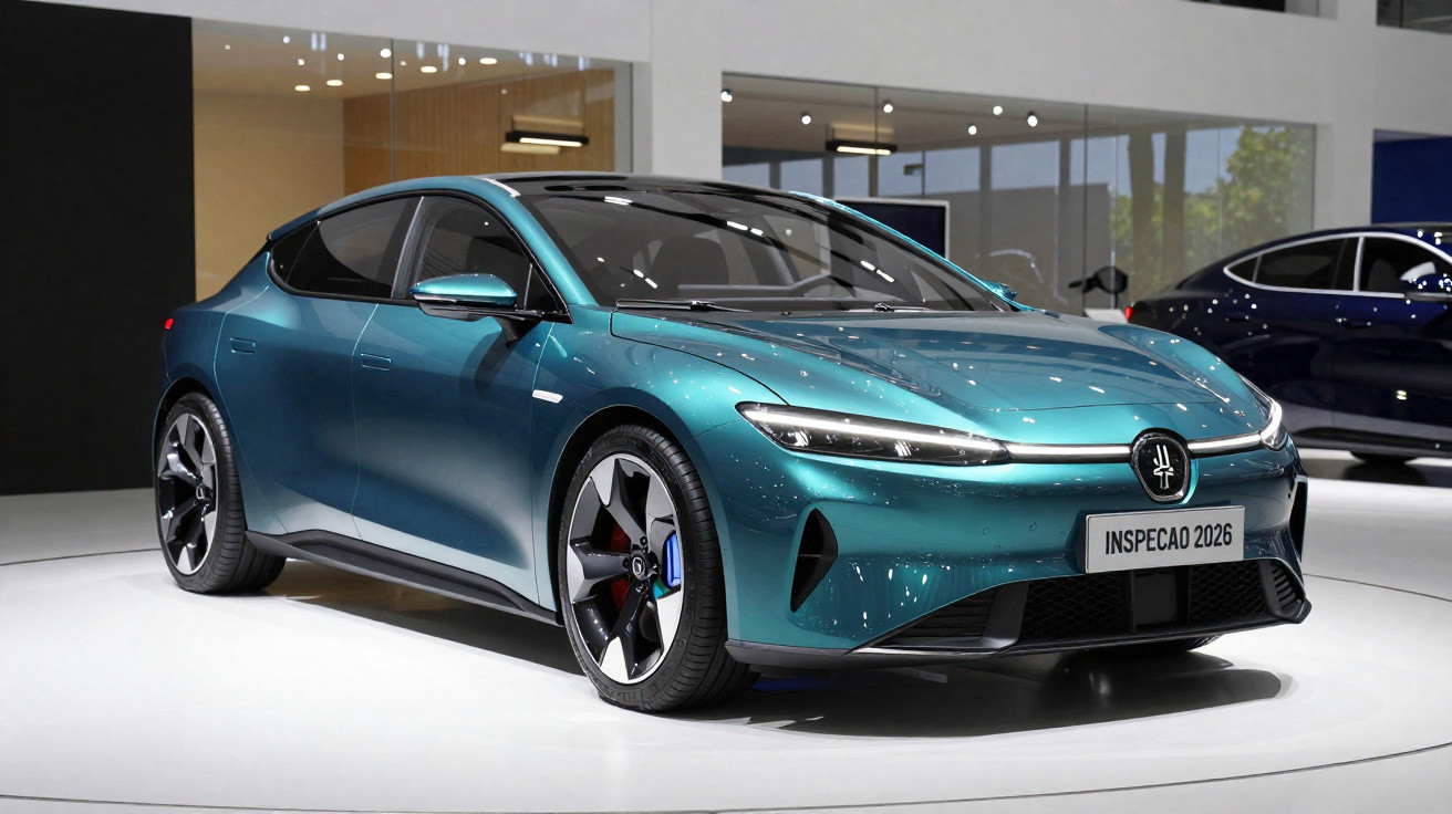 Carro elétrico azul metálico em exposição, com design moderno e placa com texto "INSPECAO 2026".