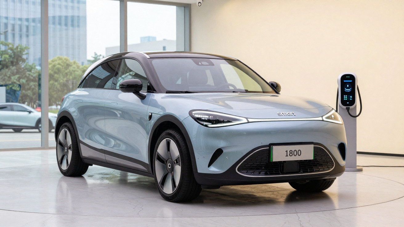 Carro elétrico prata modelo Smart 1800 em exibição com carregador conectado em ambiente moderno.