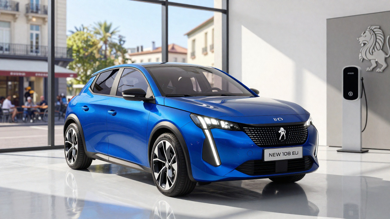Carro elétrico azul Peugeot New 108 EU exibido em showroom moderno com estação de recarga.