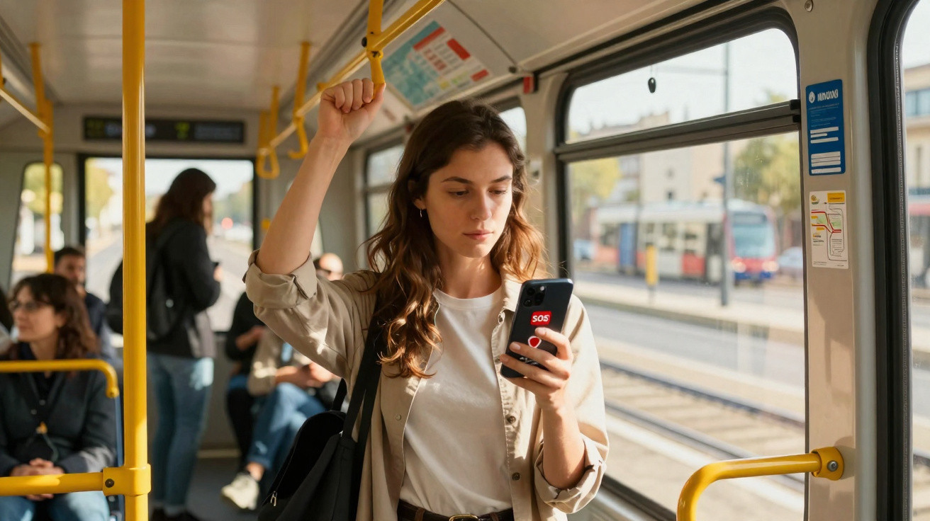 Jovem mulher em pé no ônibus segurando celular com alerta SOS na tela e segurando apoio no teto.