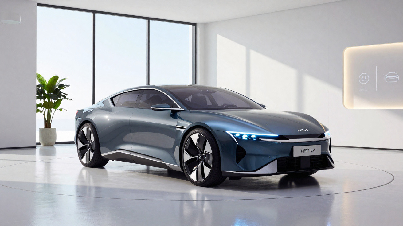 Carro esportivo elétrico azul metálico em sala moderna com janelas amplas e planta decorativa.