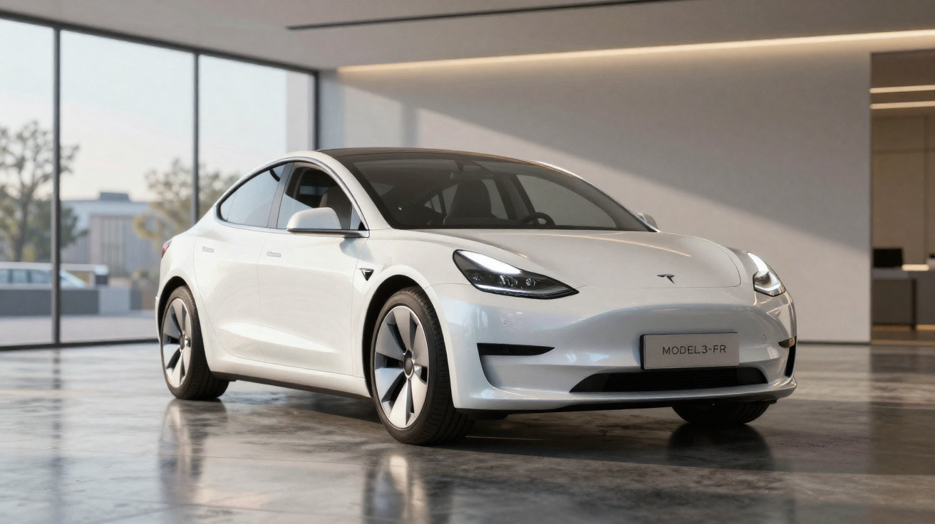 Carro elétrico Tesla Model 3 branco estacionado em ambiente interno moderno e iluminado.